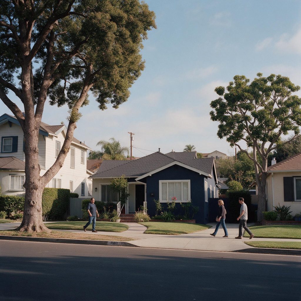 Tree-lined Los Angeles residential street with sidewalks and homes