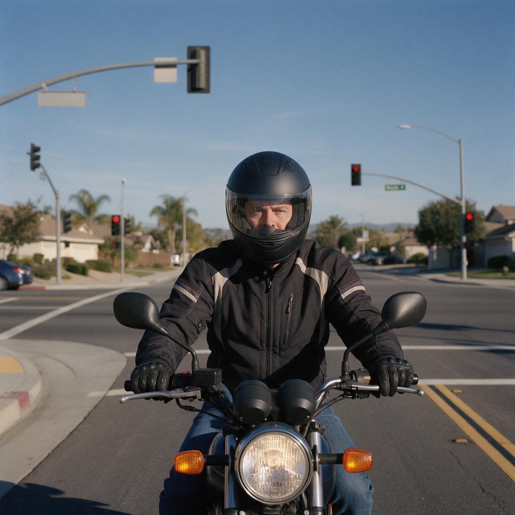 Motorcyclist wearing protective equipment on a California street