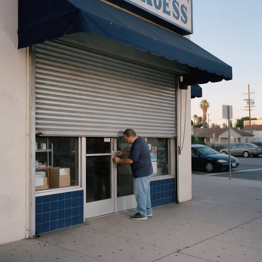 Store owner securing a Los Angeles storefront in the evening
