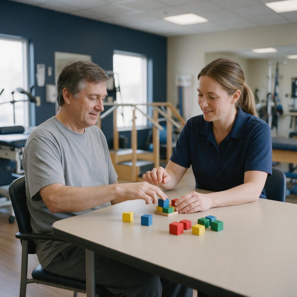 Patient practicing a coordination exercise with a rehabilitation therapist
