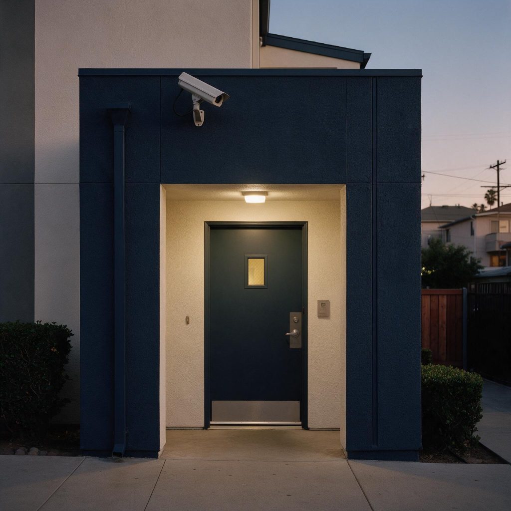 Apartment entrance with lighting and a security camera at dusk