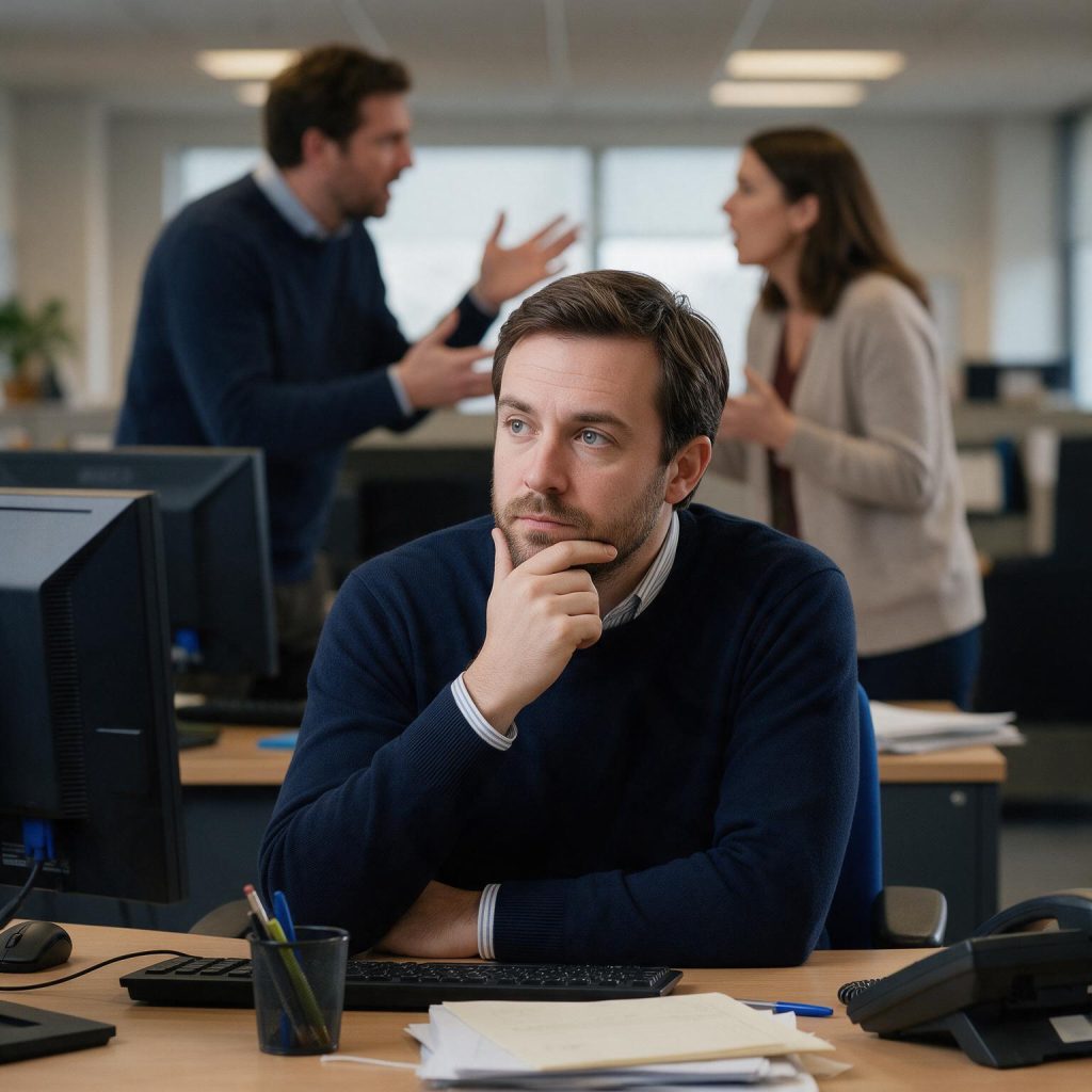 Employee at a desk with a tense workplace conversation in the background