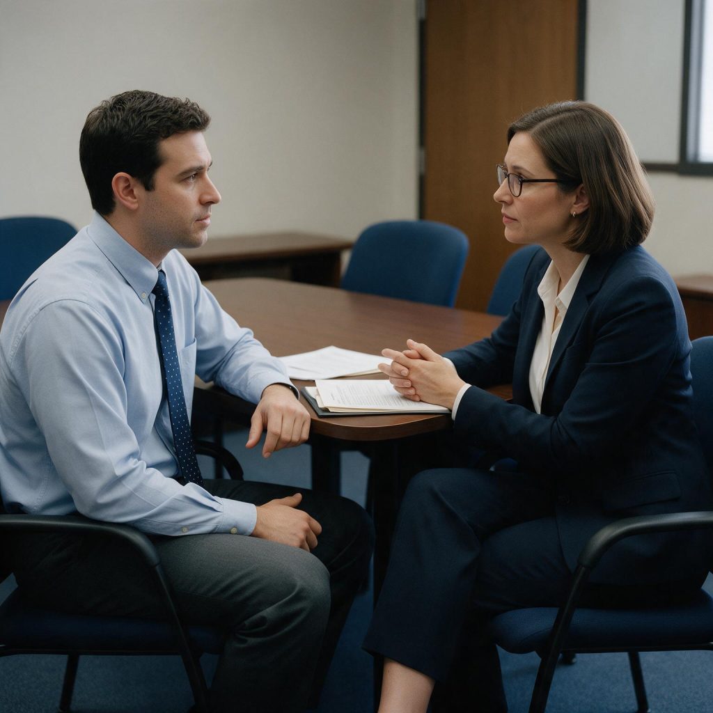 Employee discussing a workplace concern in a private meeting