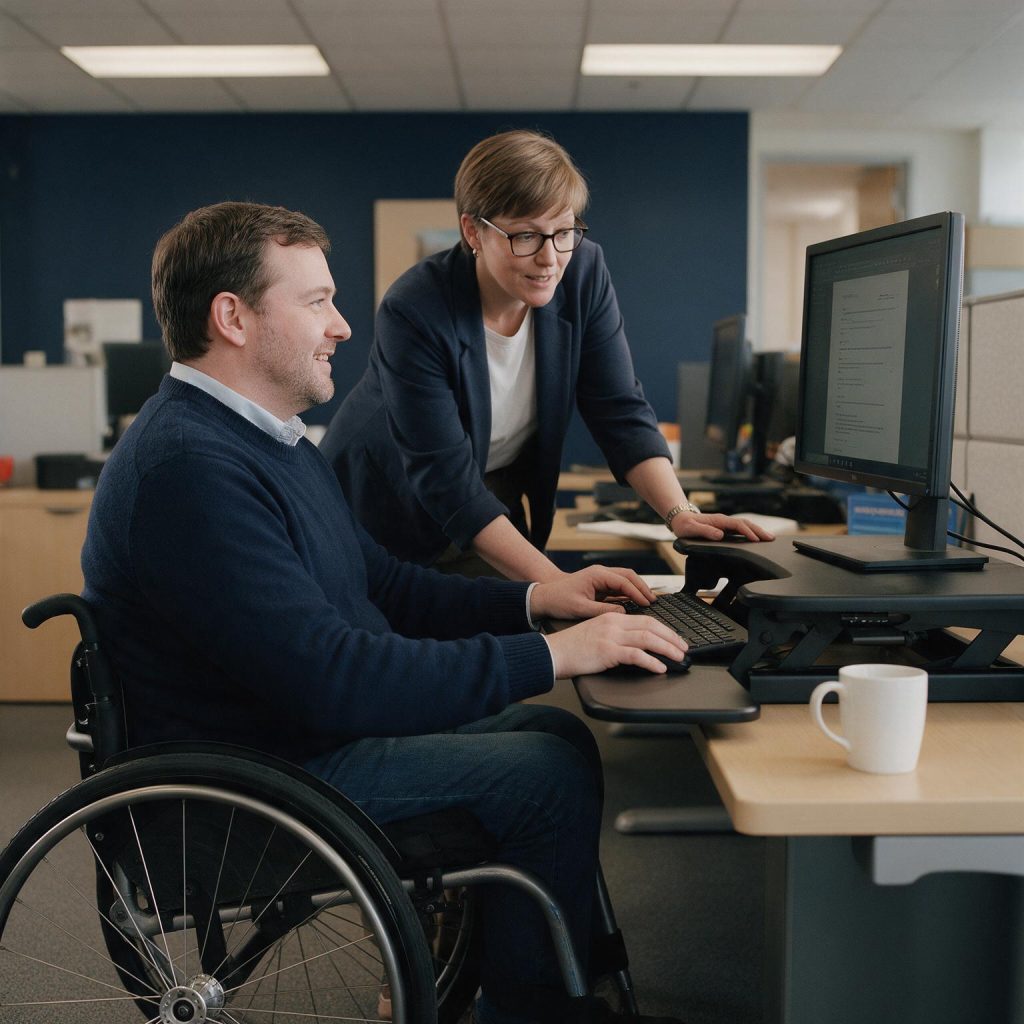 Wheelchair user working with a colleague at an accessible office desk
