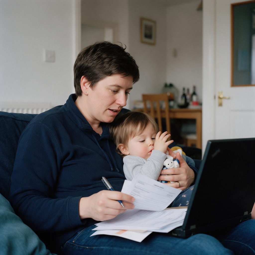 Parent reviewing leave paperwork while caring for a child at home