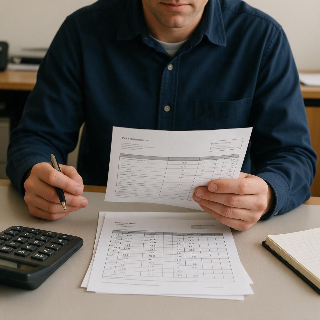 Employee reviewing pay records and work hours