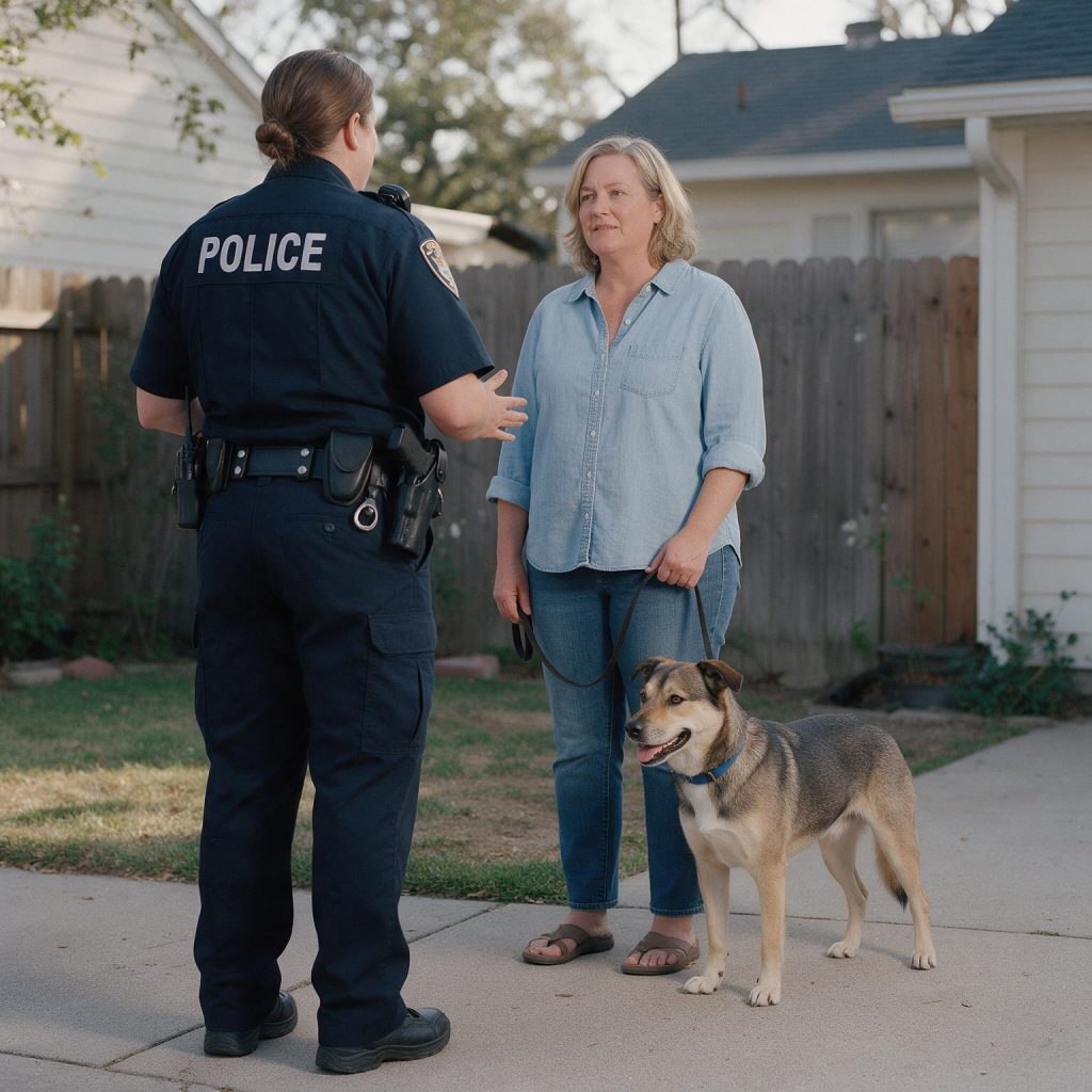 Dog owner speaking with an officer in a residential yard
