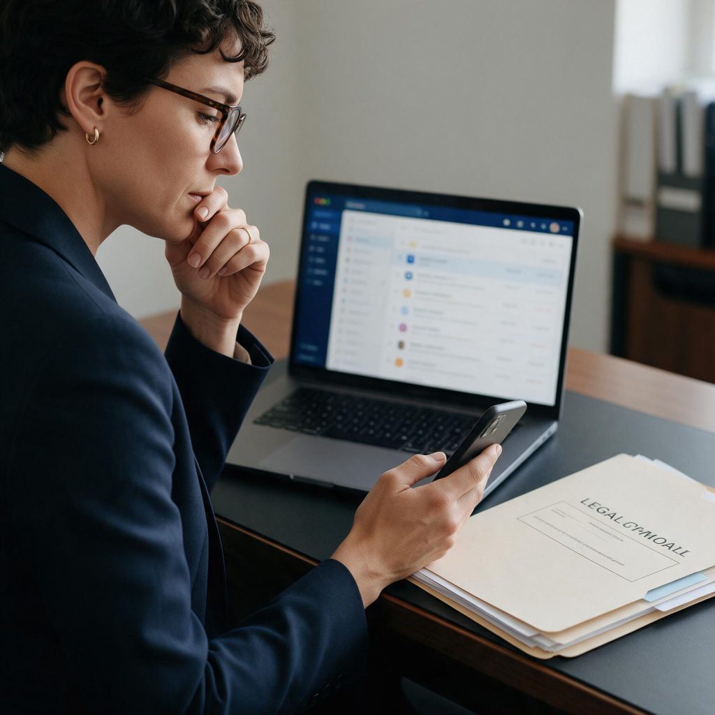 Client checking email and a phone beside a legal document folder