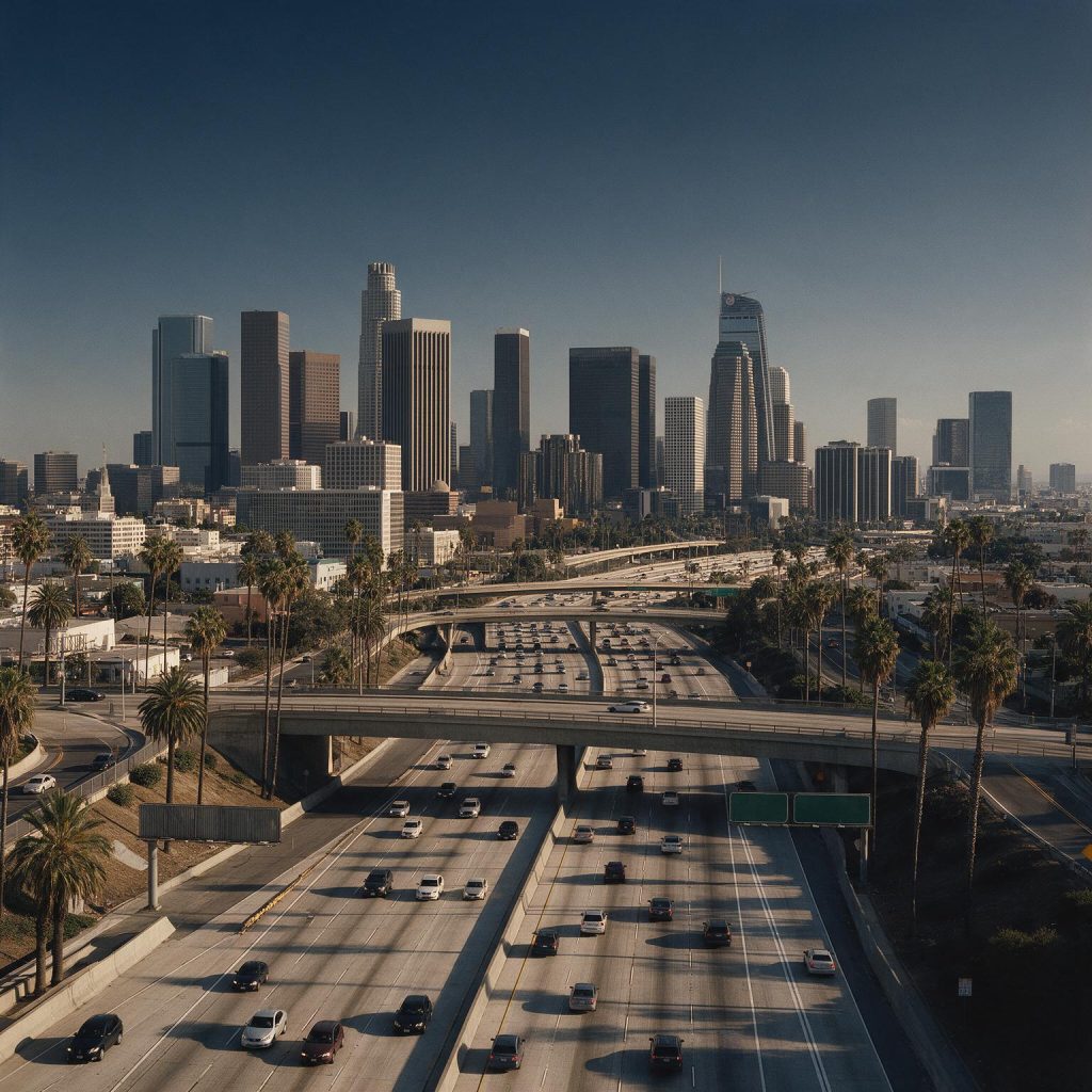 Traffic on a Los Angeles freeway near downtown