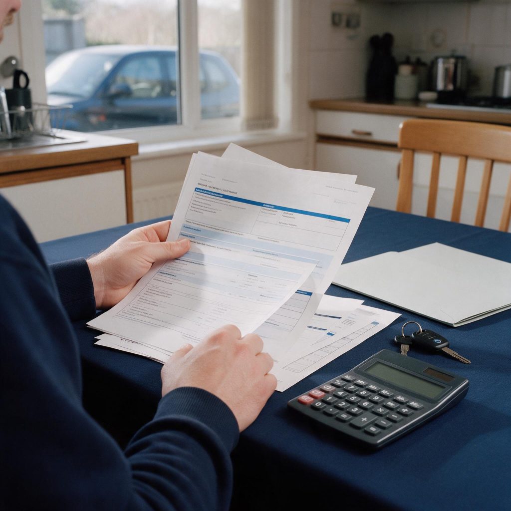 Person reviewing car insurance paperwork with a calculator and car keys