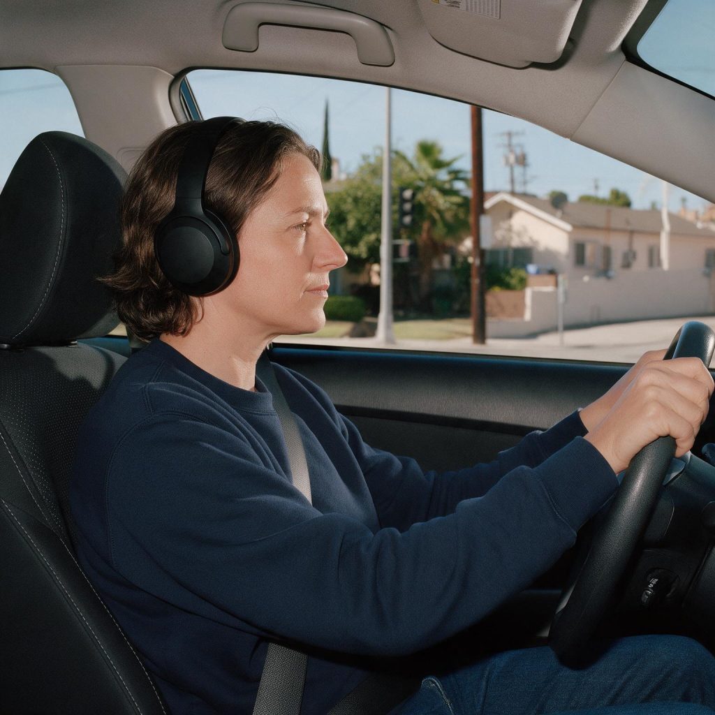 Driver wearing headphones while holding the steering wheel